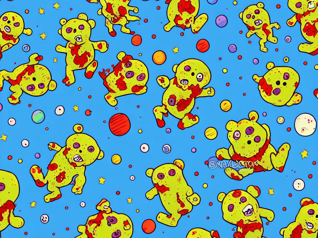 Prompt: happy zombie teddy bears floating in space, cartoon illustration, detailed, sarcastic