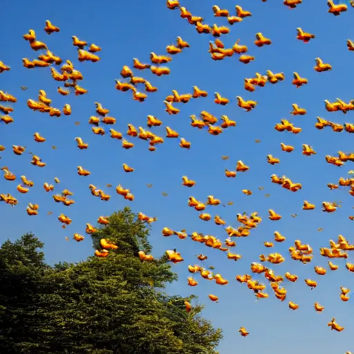 Image similar to photograph of rubber ducks flying in the sky