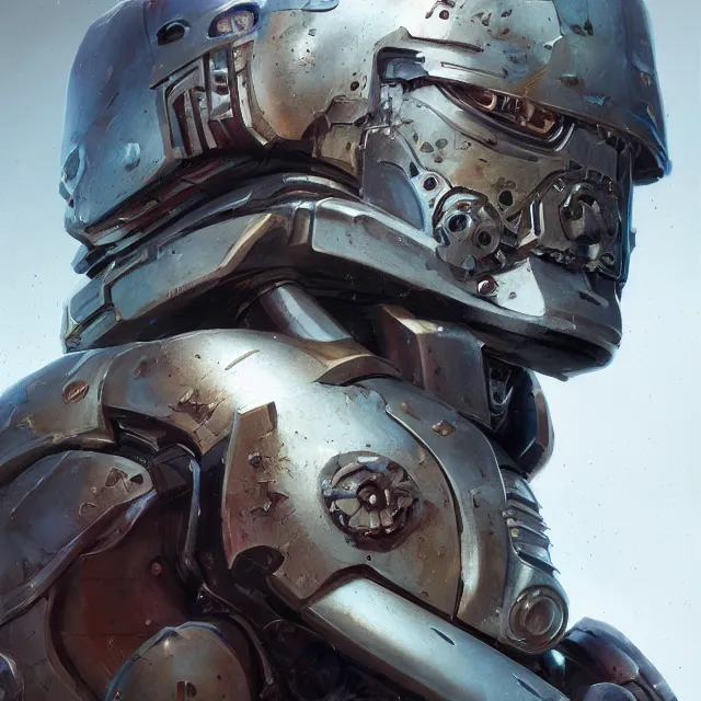 Image similar to hyper realistic portrait of warhammer android machine symmetric cinematic, chaos marine, humanoid, artstation, cgsociety, full head, greg rutkowski, james gurney, mignola, craig mullins, brom