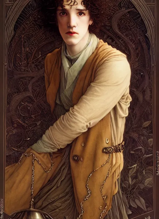 Image similar to edmund dulac, leyendecker, highly detailed portrait, a beautiful androgynous kit harrington, long hair, tall and thin, wearing several pendants, art nouveau, stephen bliss, unreal engine, by greg rutkowski, loish, ferdinand knab, ilya kuvshinov, rossdraws, tom bagshaw, alphonse mucha, global illumination, radiant light