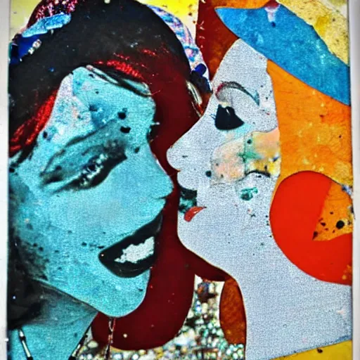 Image similar to two women kissing at a carnival, mixed media collage, retro, paper collage, magazine collage, acrylic paint splatters, double exposure,