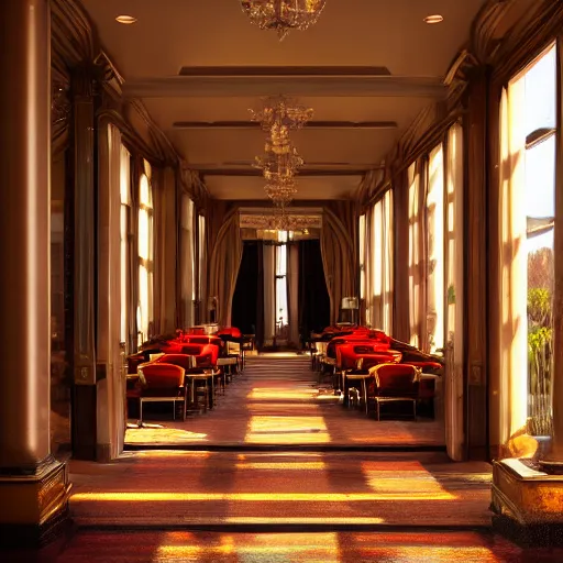 Image similar to luxury interior of a victorian hotel volumetric light morning cinematic photo,