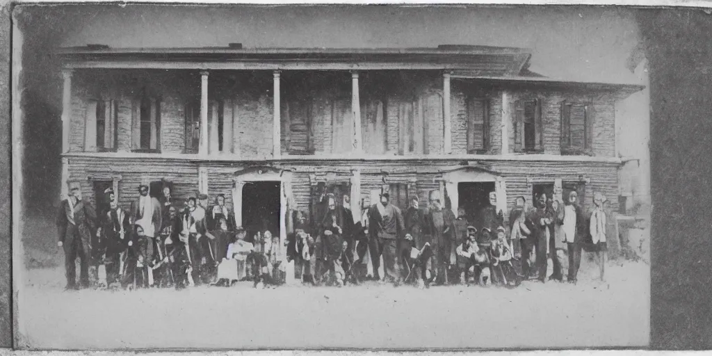 Image similar to a tintype photograph. photo of a group of people in front of the town hall house of the village and a small face of a ghost in the window of the house