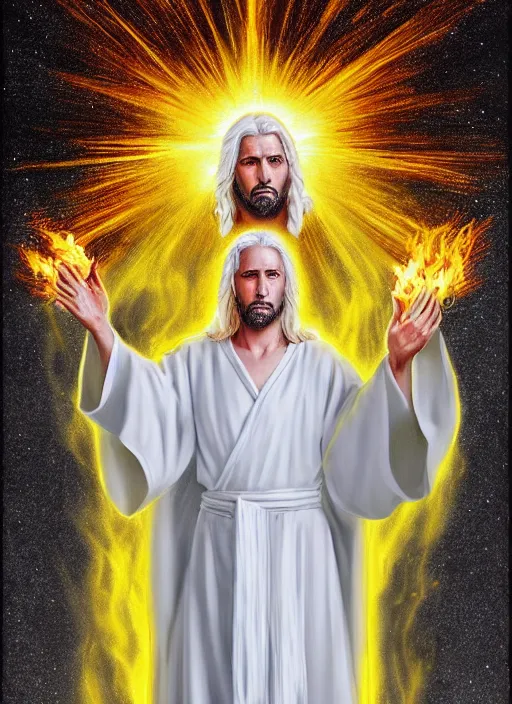 Image similar to « portrait of the white - haired jesus in a white robe and flaming yellow eyes, holding seven stars in right hand, grim colors, very realistic, high - contrast, intricate, elegant, highly detailed, digital painting, artstation, concept art, smooth, sharp focus, illustration »