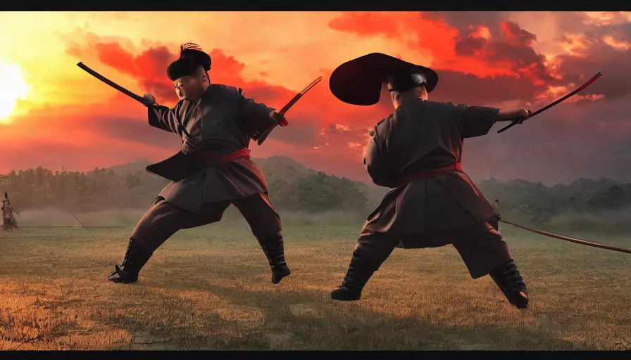 Prompt: Kim jong UN as a samurai, cinematic shot, sunset, the ghost of Tsushima