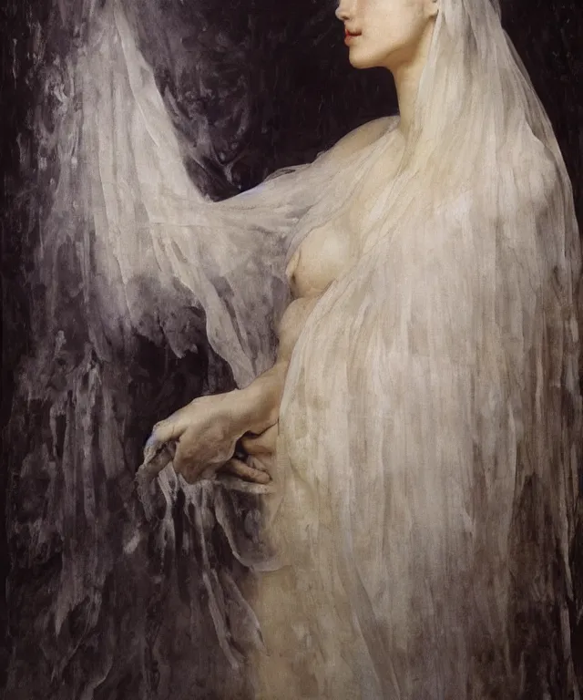 Prompt: Beautiful woman with closed eyes under the white veil wearing a white dress and covered with melted white candle wax by Ilya Repin, Mikhail Vrubel, William Blake, Michelangelo da Caravaggio, Rafaelle Monti and Beksinski, dramatic volumetric lighting, full body portrait, highly detailed oil painting, 4k, masterpiece