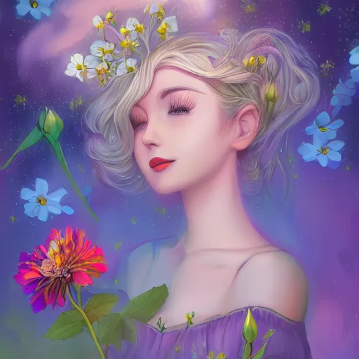 Image similar to a drawn picture of a dreaming woman with flowers grow out of hair, roses peonies forget-me-nots dahlias lupins gladioli, sky theme in background, Digital Art, Trending on artstation