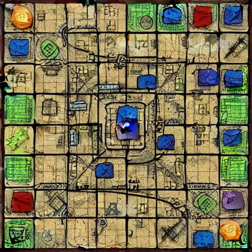 Image similar to tabletop rpg battle map, grid, top down, highly detailed, colorful, architectural, digital