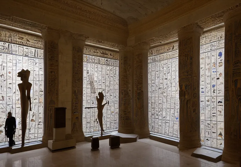 Prompt: the met egyptian room museum large windows water and sculptures photo daylight