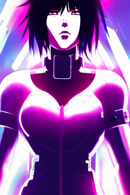 Image similar to a still fullbody portrait of motoko kusanagi ghost in the shell, finely detailed features, closeup at the faces, perfect art, at a cyberpunk city, gapmoe yandere grimdark, trending on pixiv fanbox, by ilya kuvshinov, rossdraws, artgerm