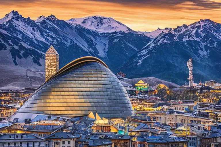 Image similar to architecture photo modern fachwerk giant opera building settlement with Elbrus mountain on the background, architecture, photorealism 8k , shining and happy atmosphere, uplight, high details