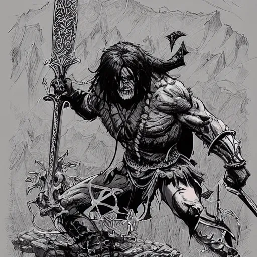 Image similar to cell shaded cartoon, a dark lord conan the Barbarian raising a sword atop a mountain of bones, concept art by josan gonzales and wlop, Laurie Greasley and james jean, highly detailed, sharp focus, Trending on Artstation, HQ, deviantart, art by artgem