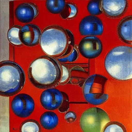 Prompt: chrome spheres on a red cube by mikhail vrubel