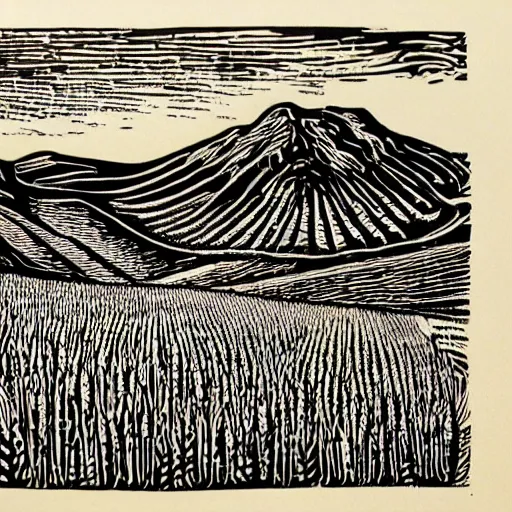 Image similar to intricate, detailed, Linocut Art on paper of fields of wheat and canadian mountains. Epic Latin American Linocut Art.