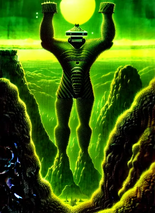 Image similar to portrait giant green humanoid with his fist up, brown armor, background ancient alien landscape, low angle, close up, concept art, intricate details, highly detailed, sci - fi poster, future, sci - fi art, in the style of chris foss, rodger dean, moebius, michael whelan, and gustave dore