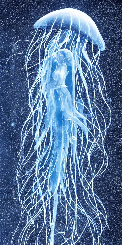 Image similar to at night, very close detailed closeup of big blue jellyfish glowing in the night revealing a beautiful mermaid,