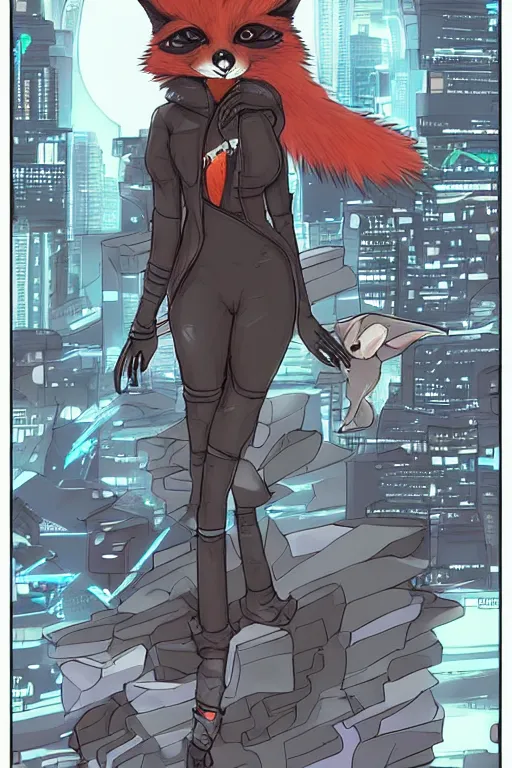 Image similar to a detailed illustration of a cyberpunk anthropomorphic fox with a fluffy tail!!!, comic book style, trending on furaffinity, cartoon, kawaii, backlighting