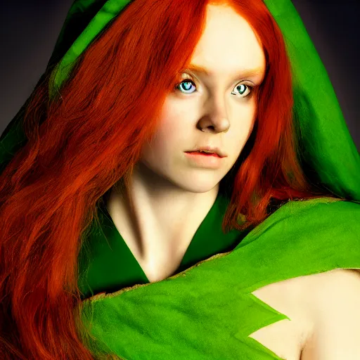 Prompt: a beautiful redheaded dnd sorceress with a triangular face green eyes and tan skin wearing a green cloak, high resolution film still, 8k, HDR colors, prominent cheeks