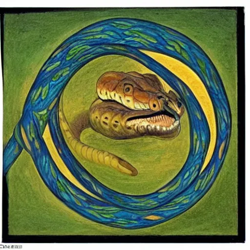 Prompt: ouroboros snake biting its own tail to make a circle, tinted colours, highly detailed head, famous painting in the style of Claude Monet,