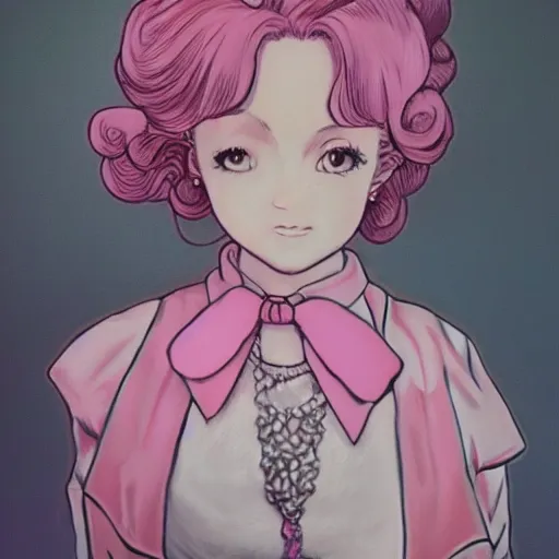 Prompt: beautiful pink little girl, profile picture, vintage fashion, highly detailed, reflection, realistic artwork, hd, inspired by jojo bizarre adventure, anime