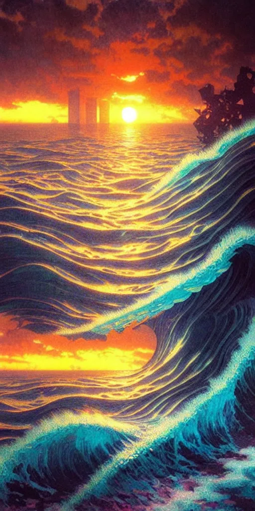 Prompt: ocean wave around dilapidated skyscraper, lsd water, dmt ripples, backlit, sunset, refracted lighting, art by collier, albert aublet, krenz cushart, artem demura, alphonse mucha