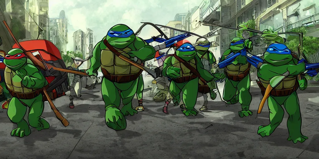 Prompt: ninja turtles escape and two military ( american uniform ) ran to sound the alarm and all the turtles began to descend the water slides, anime fight, 4 k,