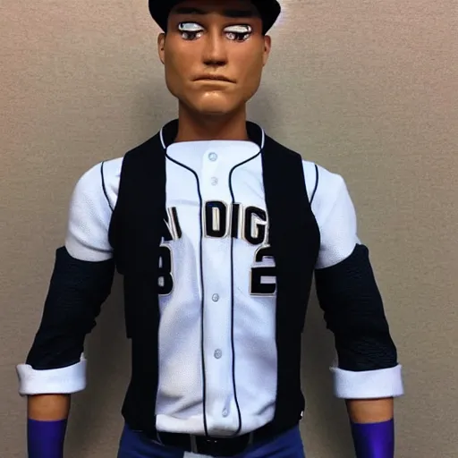 Image similar to “a realistic detailed photo of a guy who is an attractive humanoid who is half robot and half humanoid, who is a male android, baseball player Aaron Judge, shiny skin, posing like a statue, blank stare”