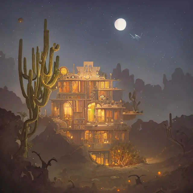 Prompt: a single building flying above a desert oasis in a moonlit night in the style of peter mohrbacher and jacek yerka