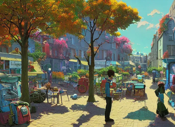 Image similar to dublin townsquare, summer morning, very coherent and colorful high contrast, art by gediminas pranckevicius, geof darrow, makoto shinkai, dark shadows, hard lighting