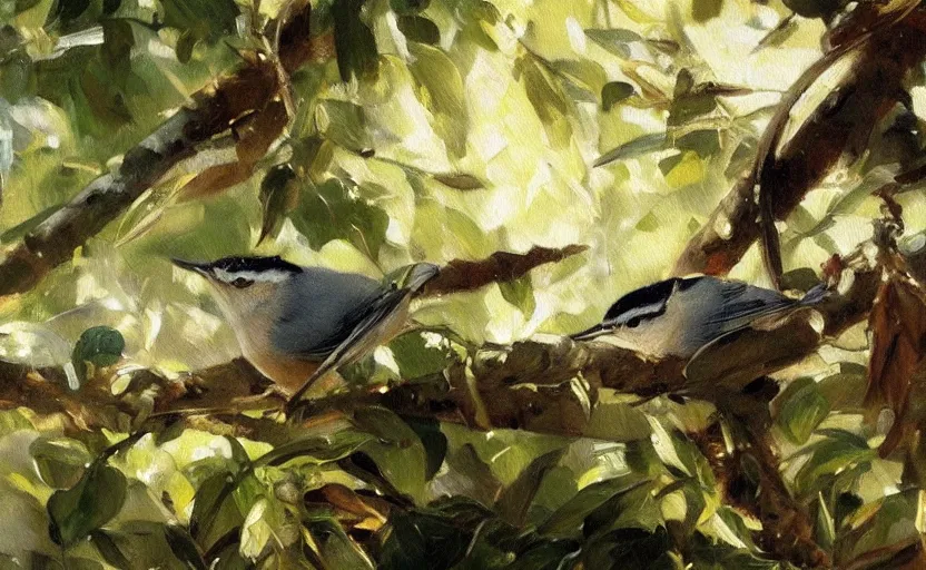 Image similar to oil painting lanscape by anders zorn, closeup nuthatch in jungle nature, fruit trees, very very very very beautiful art, dramatic light, strong shadows