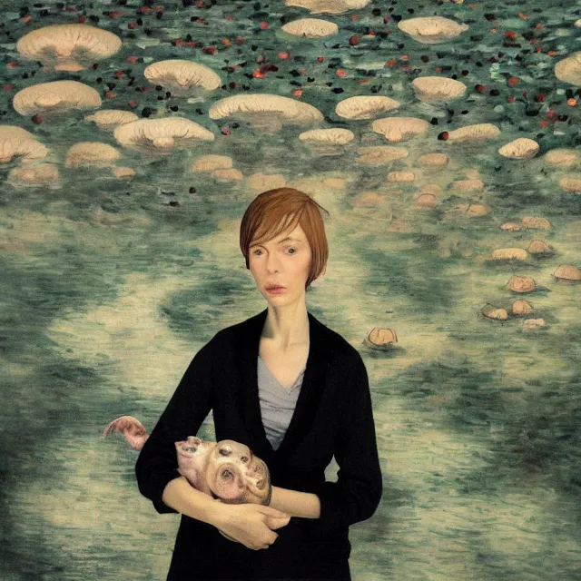 Image similar to tall female emo artist holding a pig's head in her flooded apartment, mushrooms, octopus, water gushing from ceiling, painting of flood waters inside an artist's apartment, a river flooding indoors, pomegranates, ikebana, zen, rapids, waterfall, black swans, canoe, berries, acrylic on canvas, surrealist, by magritte and monet