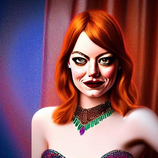 Image similar to a portrait of emma stone dressed as a belly dancer, arabian night, high quality, fully detailed, 4 k, in focus face with fine details, realistic hand details and anatomy