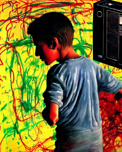 Image similar to an 8 years old enlightened and scared boy standing in front of an old computer from 90s with a game doom2 at the monitor screen painted by Adrian Ghenie and Willem de Kooning and Cy Twombly, still from a movie by Gaspar Noe and James Cameron. expressive acrylic flowing smudged painting