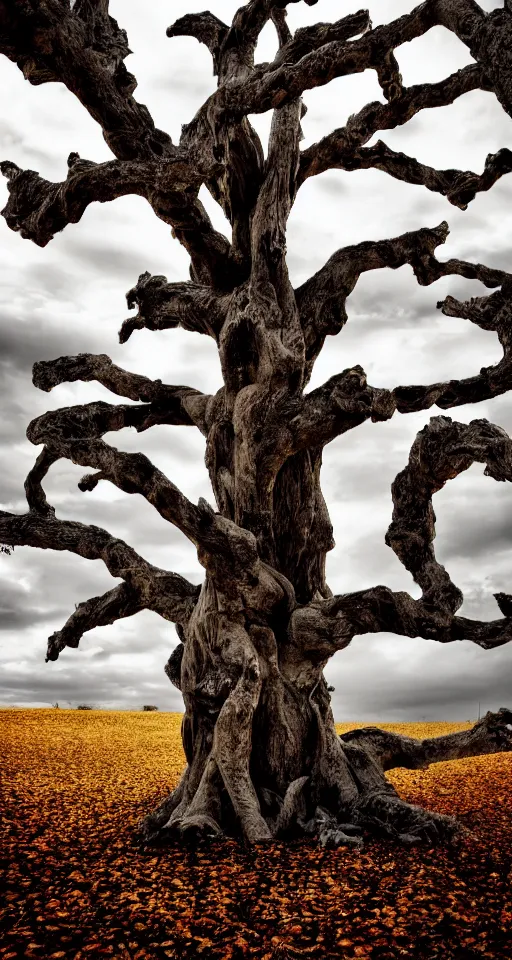 Prompt: beautiful ancient tree made of bone, melancholy autumn light, white bone tree, skeletal, bones, sinister, atmospheric HD photograph, depth of field