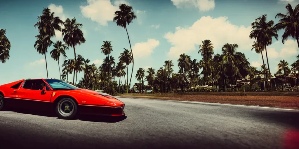 Image similar to A red 1980’s Ferrari super car cruising along an infinite highway with palm trees lining both sides, synthwave style, ‘80s retro style, atmospheric lighting