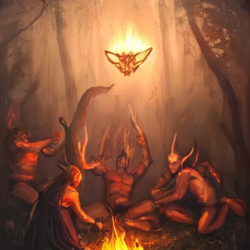 Prompt: concept art of a pagan ritual, summoning a demon around a fire in the woods at night, trending on artstation, beautiful painting