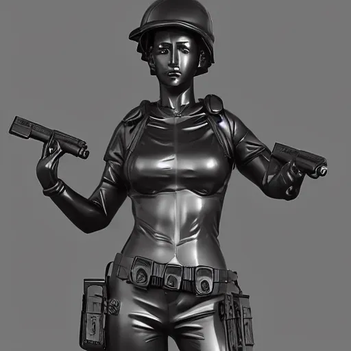 Prompt: a statue of an extremely beautiful female anime riot policewoman made of black marble, 4 k, 8 k, hd, render, denoise, sharp focus, clear focus, beautiful lighting, trending on artstation, tactical gear, chest rig, straps, nylon, buckles