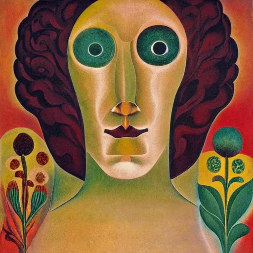 Image similar to floral face portrait by leonetto cappiello and wojciech siudmak and ernst fuchs, anni albers, oil on canvas