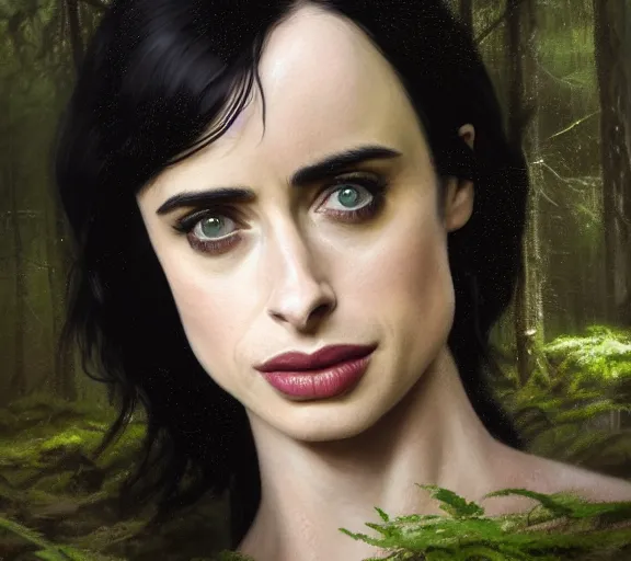 Image similar to 5 5 mm close up portrait photo of krysten ritter as yennefer of vengerberg in black leather armor and black hair, in a forest. magical atmosphere. art by greg rutkowski. lifelike. very detailed 8 k. intricate. soft light. nikon d 8 5 0.