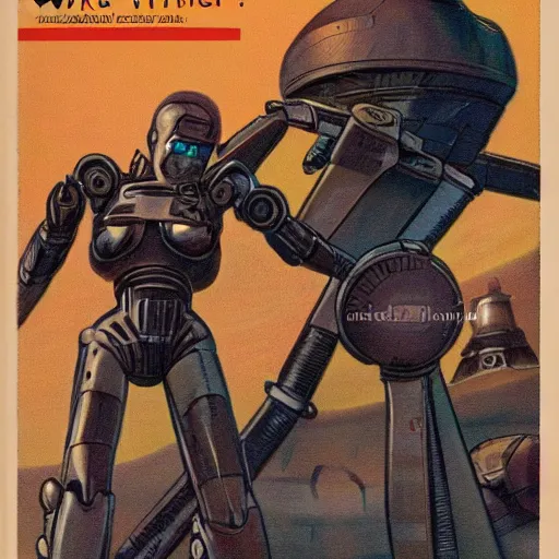 Prompt: a vintage scifi book cover of a warrior woman facing off against a gigantic robot, low perspective, detailed clouds