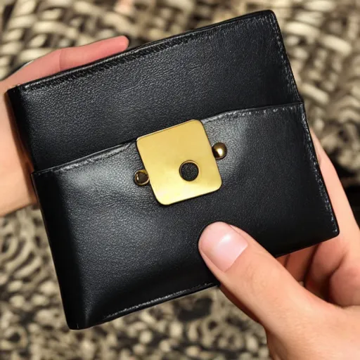 Prompt: womans black leather wallet with a gold zipper