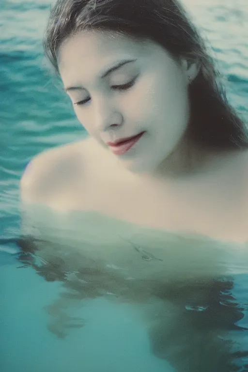 Prompt: a beautiful woman's face in the water, serene emotion, polaroid, kodak color grading, muted colors, hazy, aqua, pastel colors, soft lighting