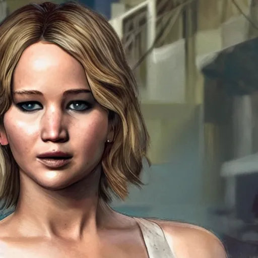 Prompt: jennifer lawrence in gta v, cover art by stephen bliss, intricate detail, trending on artstation