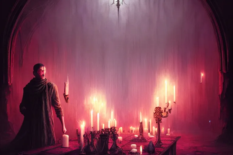 Prompt: Character concept art of Pretty guy male necromancer bringing dead to alive, casting dark magic spell. Gothic Castle room, lots of candles, barely lit warm violet red light, surrounded by ghosts coming through the floor By greg rutkowski, tom bagshaw, beksinski