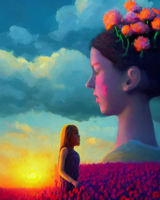 Image similar to girl with a giant carnation head, surreal photography, flower field, sunset dramatic light, impressionist painting, colorful clouds, blue sky, digital painting, artstation, simon stalenhag