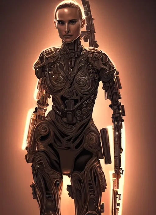 Image similar to portrait of a beautiful female soldier from the future wearing biomechanical armor, natalie portman, carrying a rifle, intricate, elegant, glowing lights in armor, highly detailed, digital painting, artstation, glamor pose, concept art, smooth, sharp focus, illustration, epic angle, art by artgerm and greg rutkowski, artey freytag, alvin schwartz