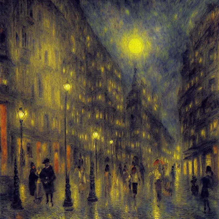 Prompt: beautiful painting of old Madrid street scene spooky dark fog in the moonlight fantasy renoir impressionist style