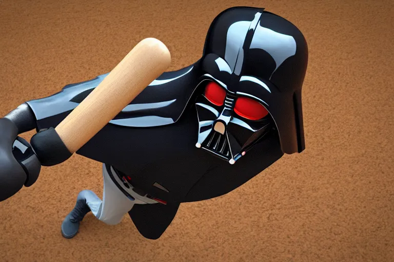 Image similar to Darth Vader at a baseball game holding a bat. 3d rendering, toy story style, pixar style, far view.