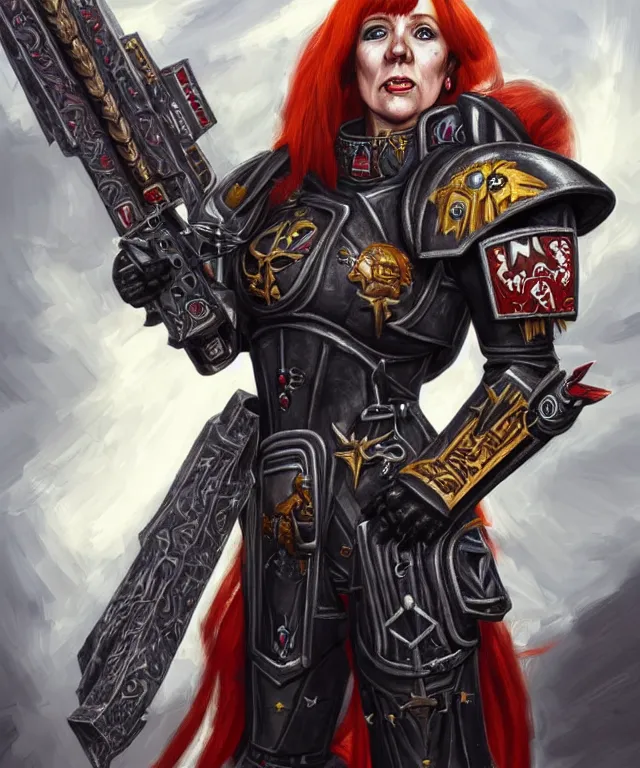 Image similar to Angela Rayner as a Warhammer 40k Battle Sister, portrait, highly detailed, intricate, concept art, artstation