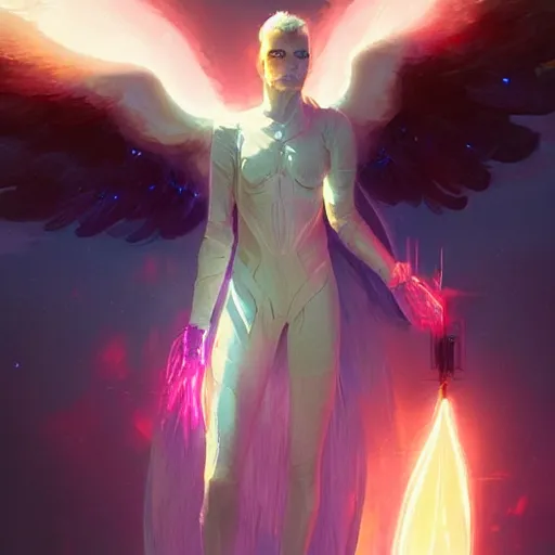 Image similar to portrait of a beautiful force of the good light seraphim male futuristic angel, volume lighting, concept art, by greg rutkowski!!, colorful, xray melting colors!!